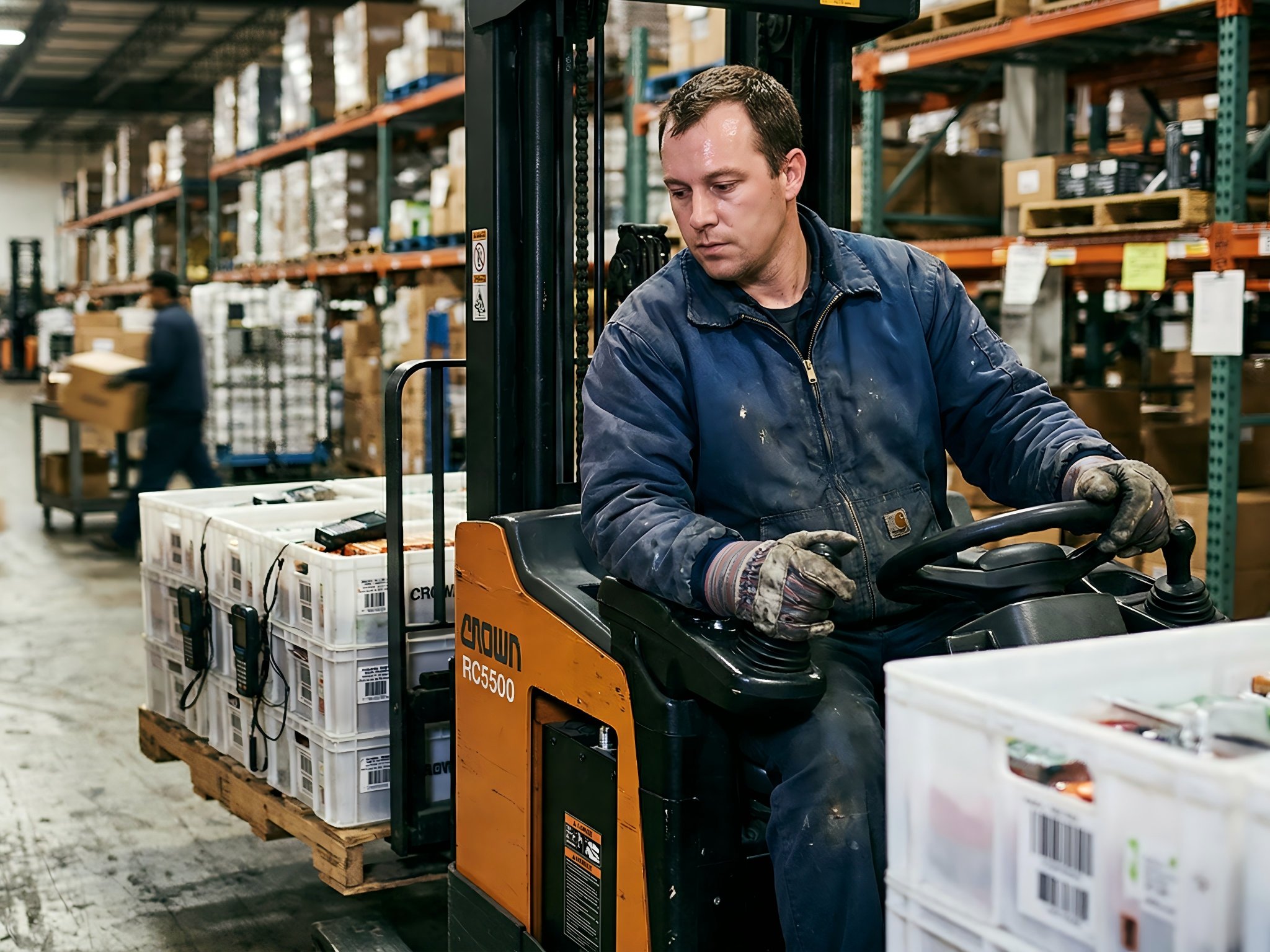 Warehouse worker moving inbound inventory into the order fulfillment receiving zone